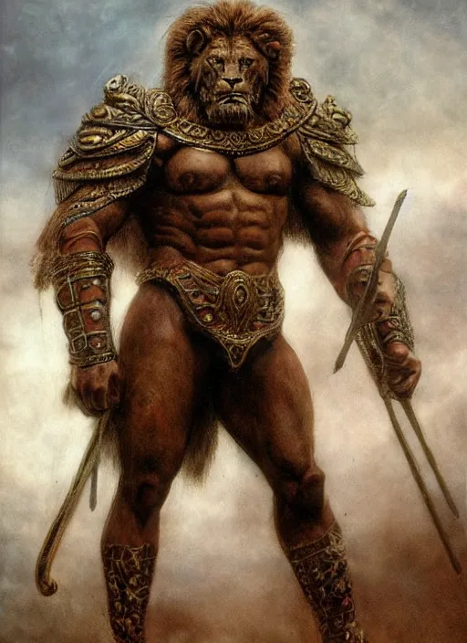 Image similar to hercules in lion ornamented armor, wearing cape, beksinski, hercules concept art, weta workshop concept art