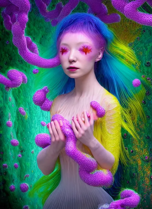 Image similar to hyper detailed 3d render like a Oil painting - kawaii Aurora (Singer) seen Eating of the Strangling network of yellowcake aerochrome and milky Fruit and Her delicate Hands hold of gossamer polyp blossoms bring iridescent fungal flowers whose spores black the foolish stars by Jacek Yerka, Mariusz Lewandowski, Houdini algorithmic generative render, Abstract brush strokes, Masterpiece, Edward Hopper and James Gilleard, Zdzislaw Beksinski, Mark Ryden, Wolfgang Lettl, hints of Yayoi Kasuma, octane render, 8k