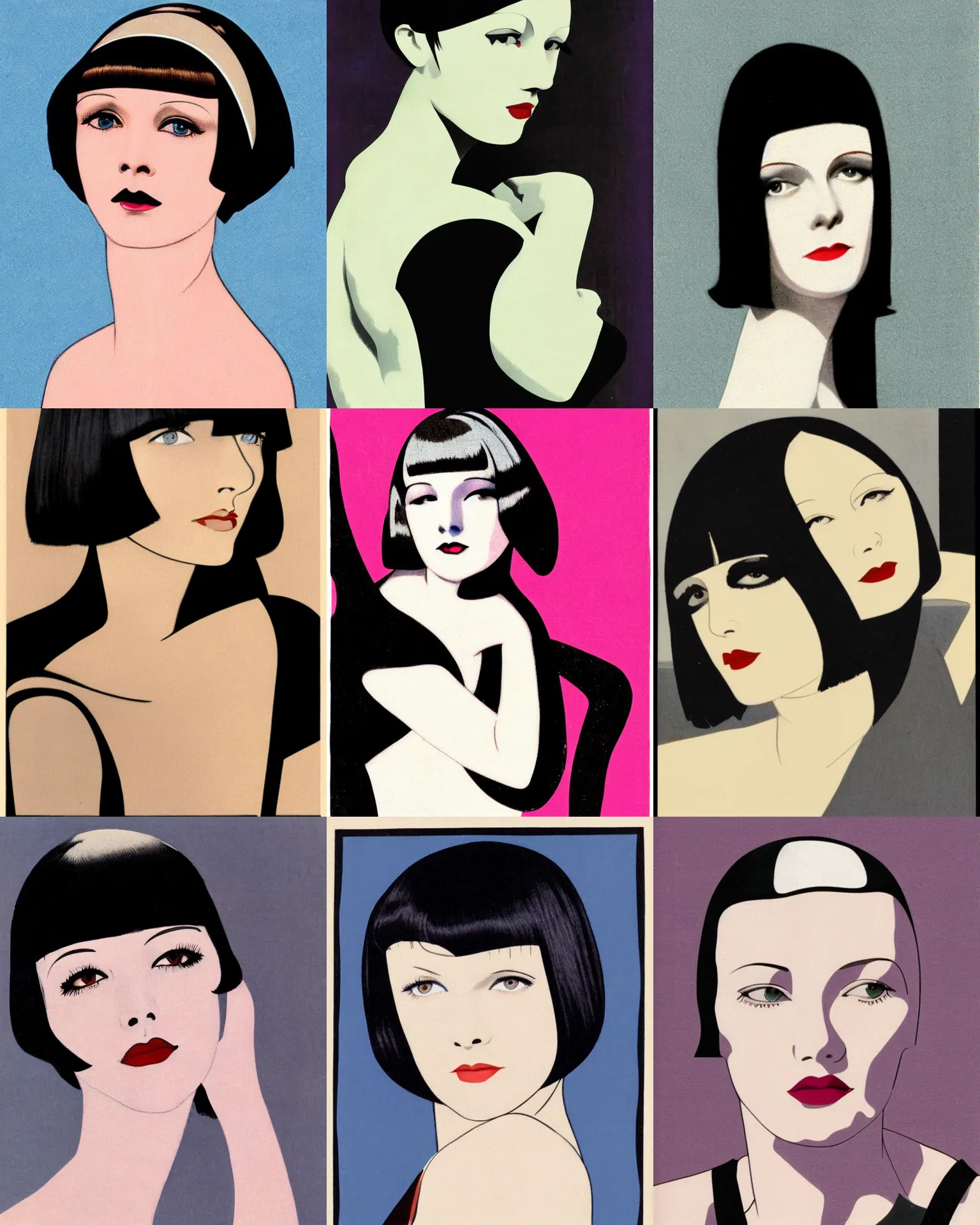 Prompt: Mary Louise Brooks 25 years old, head resting on hand , bob haircut, portrait by Patrick Nagel, 1920s,