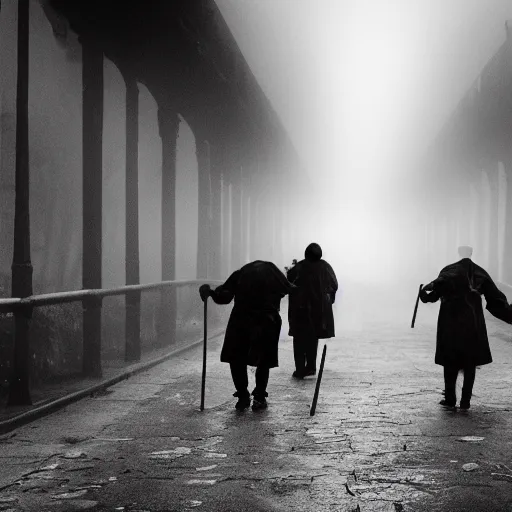Image similar to a group of clowns walking down a long dark foggy alley the are carrying sticks. fog, tall decrepit buildings. black and white photography