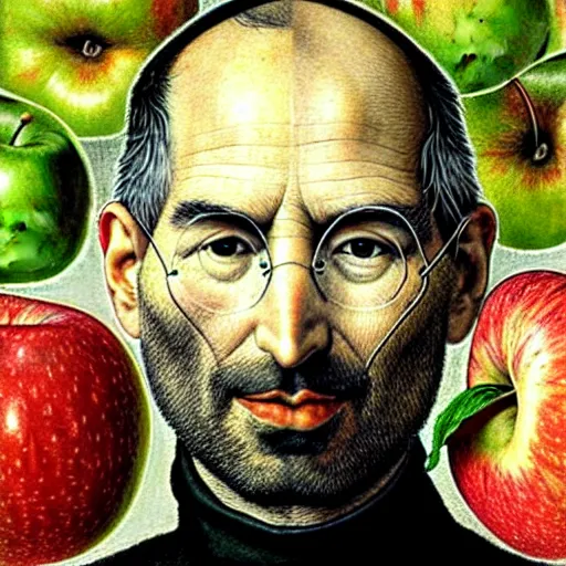 Prompt: giuseppe arcimboldo, steve jobs, face shape composed from many small apples, red apples, green apples, yellow apples, leaves, branches, detailed photograph, intricate portrait design