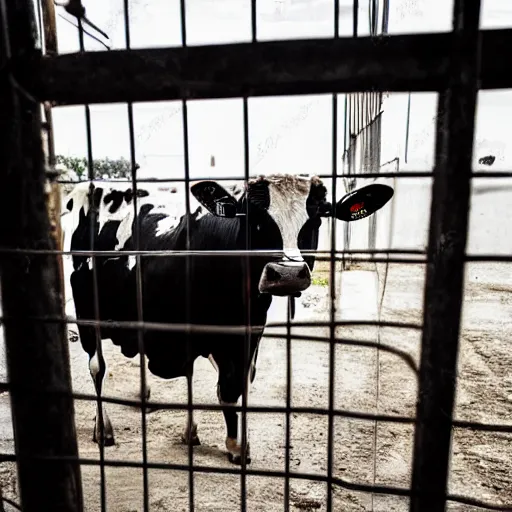 Image similar to dirty bottle of milk and a cow inside a cage, inside slaughterhouse