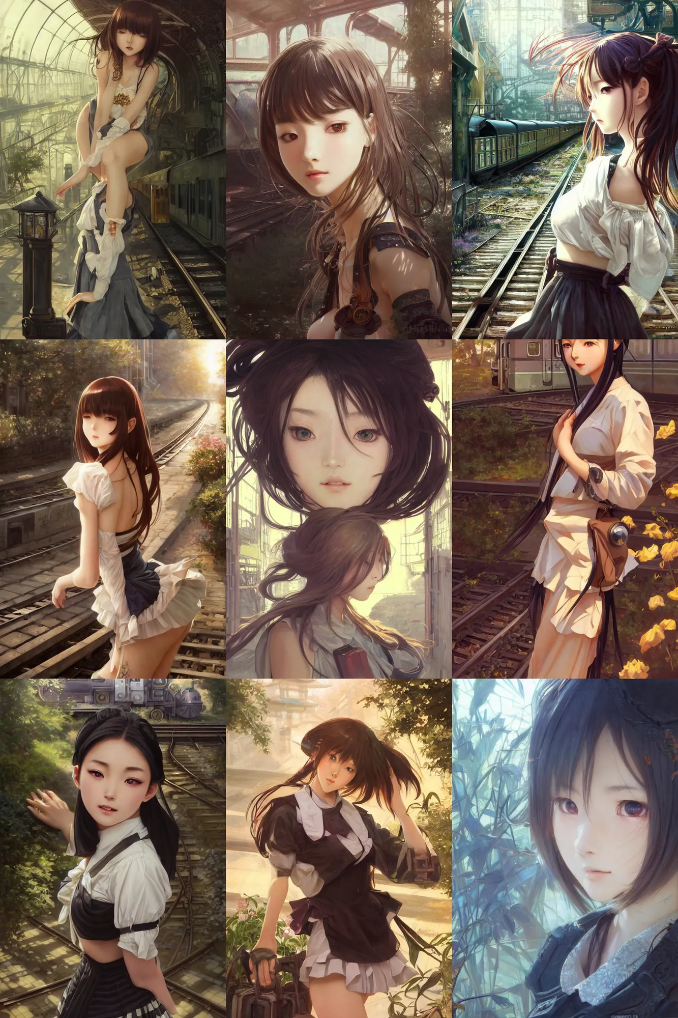 Prompt: ultra realistic beautiful old train platform techno art, beautiful alluring anime schoolgirl, gorgeous face and figure, sci - fi, intricate, elegant, highly detailed, digital painting, artstation, concept art, smooth, sharp focus, illustration, beautiful sunlight and shadows, art by tian zi and yuxiang chen and alphonse mucha and greg rutkowski and wlop