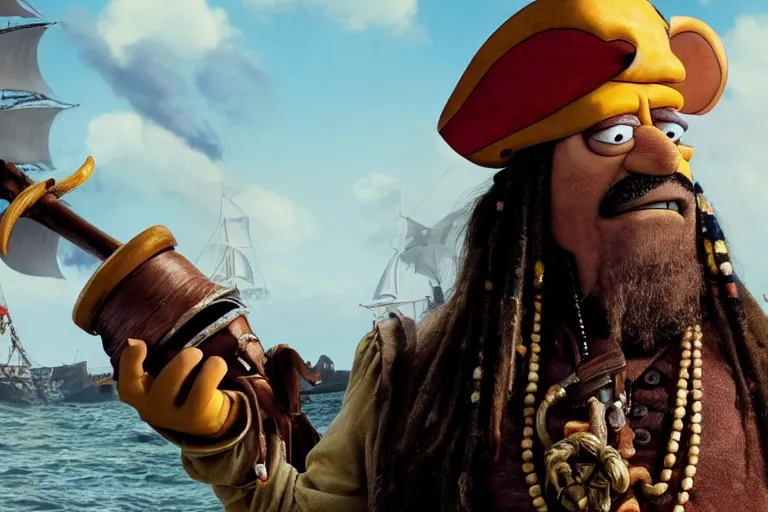 Image similar to promotional image of Homer Simpson as a pirate in the new Pirates of the Carribean movie, realistic, detailed face, movie still frame, promotional image, imax 70 mm footage