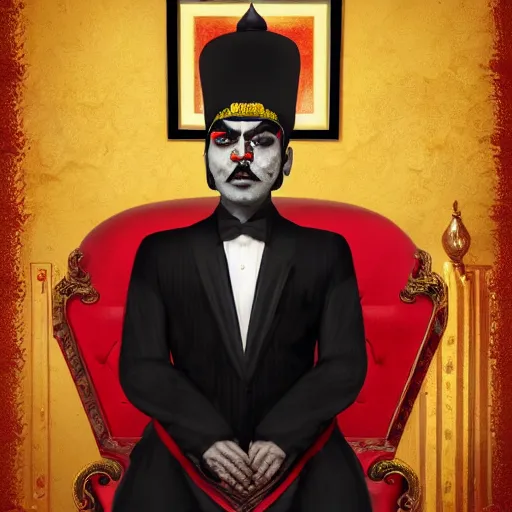 Image similar to the king of india sitting on a throne wearing a black suit and a red fez, detailed masculine face with red lips, black eyes and large forehead, moody atmosphere, digital art, highly detailed, high contrast, beautiful lighting, award winning, trending on art station, photorealistic, 8 k,