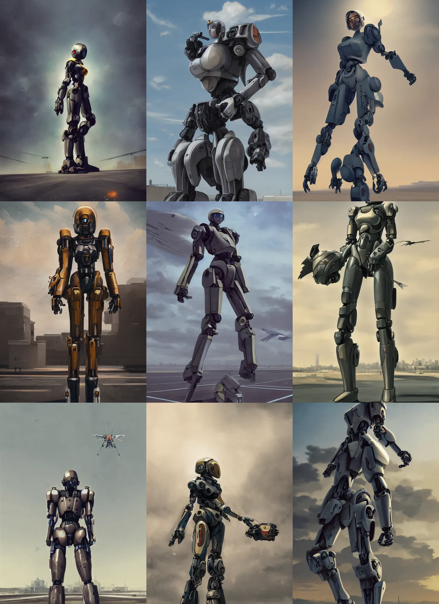 Prompt: female mecha pilot standing on a tarmac, daylight matte painting, brutalist painting, battle angel, single character full body, illustration, concept art, rule of thirds, centered, Very highly detailed, 8K, octane, Digital painting, the golden ratio, rational painting, sharp