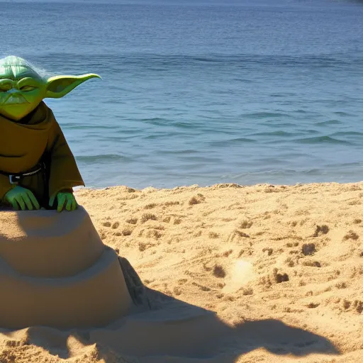 Image similar to Yoda building a sand castle on the beach