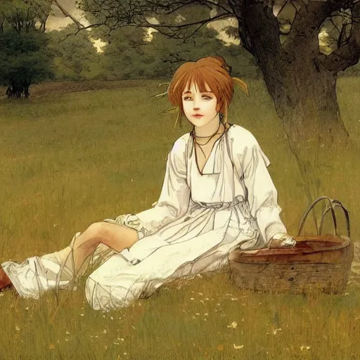 Image similar to a girl sitting in a meadow, art by walter langley, anime wallpaper, pixiv, walter langley style