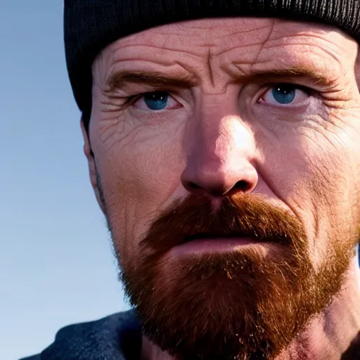 Prompt: Live Action Still of Bryan Cranston dressed as Jesse Pinkman wearing a beanie, real life, hyperrealistic, ultra realistic, realistic, highly detailed, epic, HD quality, 8k resolution, body and headshot, film still