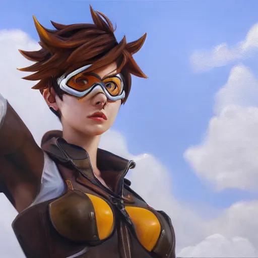 Prompt: oil painting of tracer overwatch in a field wearing large leather belt choker around neck, in style of mark arian, expressive face, detailed face, detailed eyes, full body, feminine face, tracer overwatch,