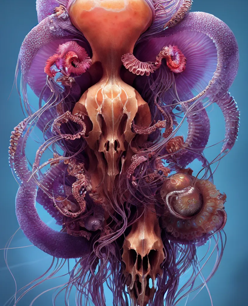 Image similar to goddess close-up portrait ram skull. jellyfish phoenix head, nautilus, orchid, skull, betta fish, bioluminiscent creatures, intricate artwork by Tooth Wu and wlop and beeple. octane render, trending on artstation, greg rutkowski very coherent symmetrical artwork. cinematic, hyper realism, high detail, octane render, 8k