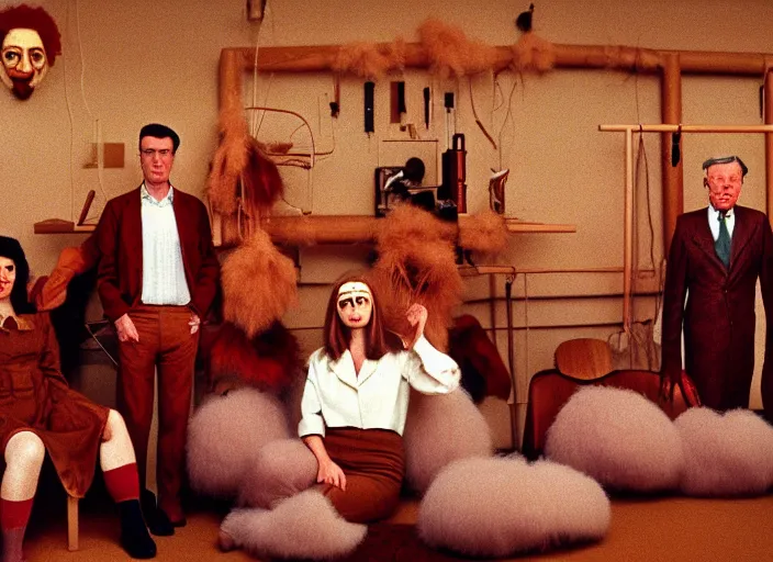 Image similar to realistic photo portrait of the team, brown mustard cotton fluffy carnival costumes, pigeon head face portrait, wooden polished and fancy expensive wooden science laboratory hall interior with plants 1 9 9 0, life magazine reportage photo, david lynch, michelangelo antonioni, red desert, twin peaks