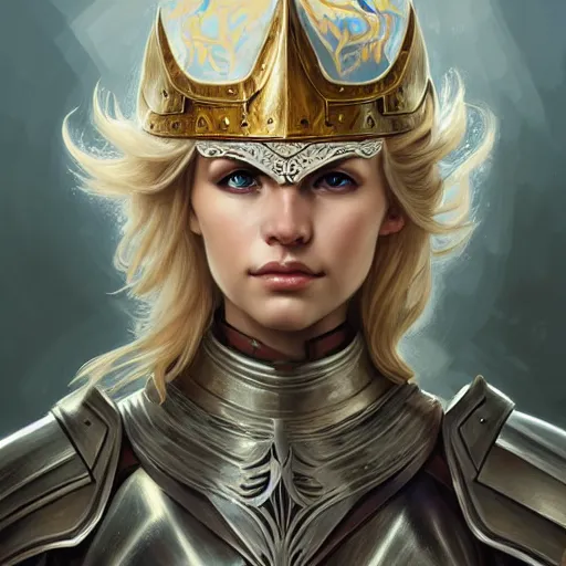 Image similar to Portrait of a female Paladin with blonde hair wearing a heavy knight armor, face, fantasy, intricate, elegant, highly detailed, digital painting, artstation, concept art, smooth, sharp focus, illustration, art by Wei Fan and Fernanda Suarez and Artem Demura and alphonse mucha