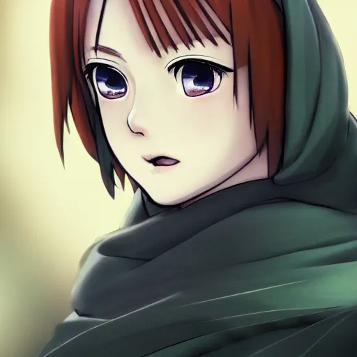 Image similar to a cute pretty young girl, with short ginger hair that is middle parted, with freckles, scowling and angry, with green eyes, wearing a black cloak, anime key visual, digital art, DD, concept art, trending on art station, 8k, official media from spirited away