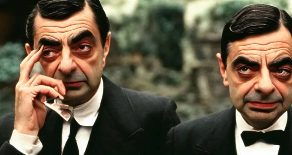 Prompt: Still image of Mr. Bean in The Godfather, cinematic, 40mm f/2.8, 35mm motion picture film