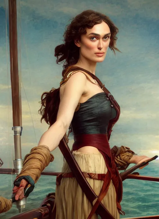 Image similar to portrait Keira Knightley as sea pirate on a ship, full length shot, shining, 8k highly detailed, sharp focus, illustration, art by artgerm, mucha, bouguereau