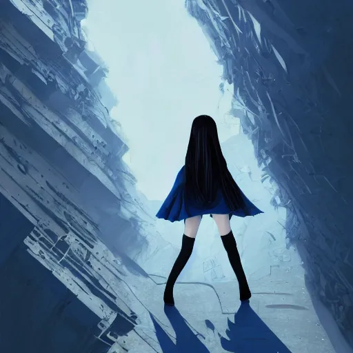 Image similar to low - angle shot from behind of a long blue - haired girl in a tailcoat overlooking the void, combat boots, noir, screenshot, sharp focus, intricate, illustration, cell shaded, digital painting, highly detailed, straight hair, art by ilya kuvshinov, wlop, greg rutkowski, studio quality, james jean