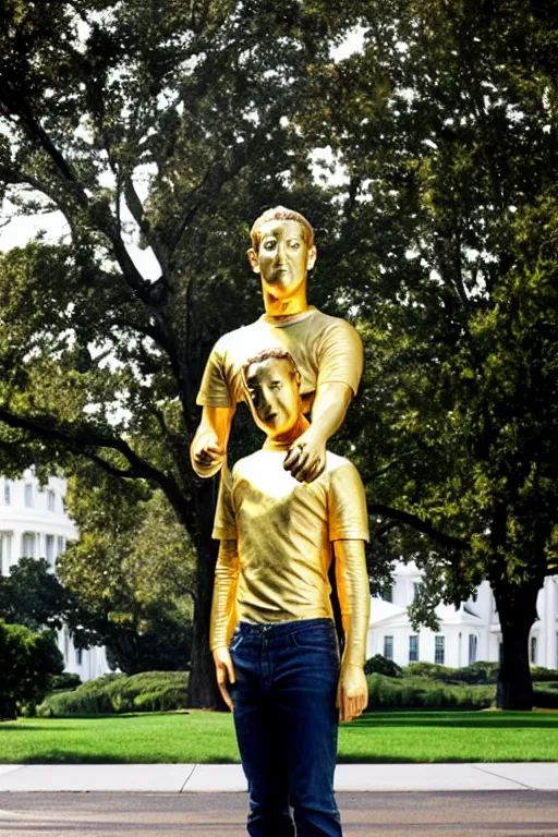 Image similar to A beautiful gold statue of Mark Zuckerberg in front of the White House, photo by Steve McCurry, heroic pose, detailed, smooth, smiling, professional photographer