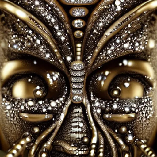 Image similar to alien face chain covered in diamonds, closeup, 8k, realistic, extreme details, detailed, sharp