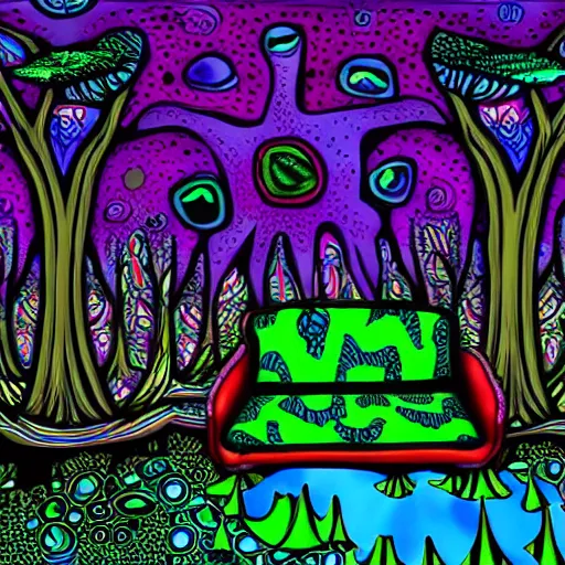 Image similar to psychedelic trippy cartoon couch in the deep dark forest