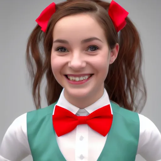 Prompt: a high quality photo of a girl wearing a skirt with red bow tie and smiling, render, ultra realistic, cgsociety