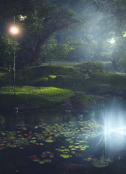 Image similar to photography at night of an ethereal pond, a central sunlight glare, mystical lights, cyber futuristic lights, masterpiece, epic, cinematic, hyperealistic, high detailed, corona render, hdr, ray tracing