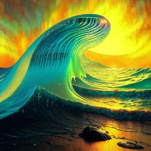 Prompt: ocean wave crashing around giant psychedelic mushroom, lsd water, dmt waves, backlit, sunset, refracted lighting, art by collier, albert aublet, krenz cushart, artem demura, alphonse mucha