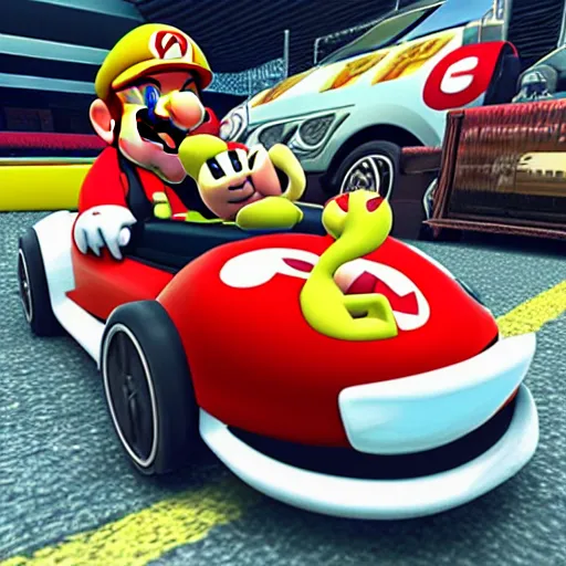 Prompt: capybara driving porsche in mario kart