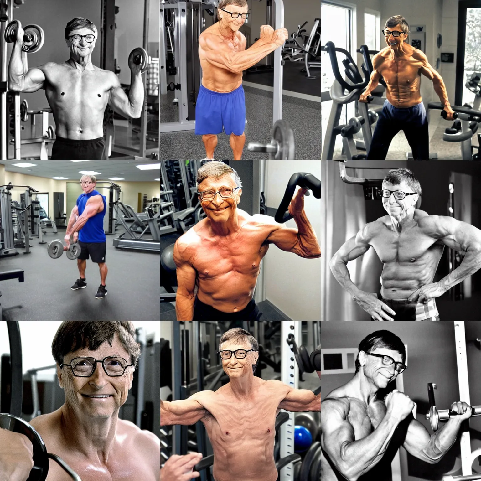 Prompt: very muscular shirtless bill gates pumping iron, photo mid shot