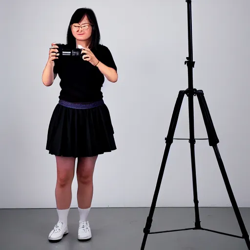 Prompt: woman wearing skirt taking a photograph with a studio camera