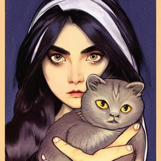 Prompt: cute emo martian woman, with long dark hair, thick eyebrows!!! dark eyes and dark circles!, wide nose!!!, big eyes, oval face shape, big cheeks!, she is holding a cat in her arms, by juan villafuerte, greg rutkowski and alphonse mucha, pexels contest winner, high quality photo, hd rtx