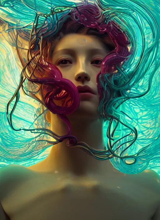 Image similar to subsurface scattering, medusa made of soft wax, cgsociety, translucent, wooden art nouveau swirls, colored smoke, gold cables, electricity, tubes, in the style of ruan jia and beeple and giger, mystical colors, back light, rim light, dramatic lighting, 8 k, stunning scene, raytracing, octane render