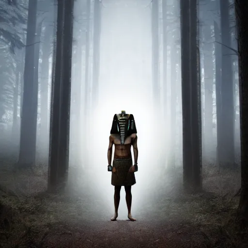 Image similar to a modern day ancient Egyptian pharaoh standing in a dark, gloomy forest, detailed, mythical, mist, fog, heavy fog, dark lighting, rim light, ambient light,