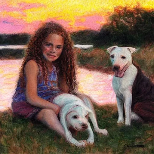 Prompt: girl with curly blonde hair sits next to her white pitbull, sitting on a riverbank watching the sunset, painting by marc fishman