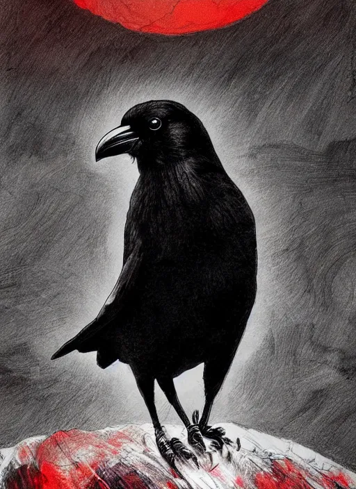 Image similar to portrait, A crow in front of the full big moon, book cover, red white and black colors, establishing shot, extremly high detail, foto realistic, cinematic lighting, pen and ink, intricate line drawings, by Yoshitaka Amano, Ruan Jia, Kentaro Miura, Artgerm, post processed, concept art, artstation, matte painting, style by eddie mendoza, raphael lacoste, alex ross