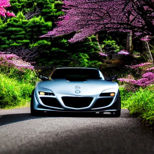 Image similar to a jdm mazda rx 7 2 0 8 9 futuristic version, cyber punk look hovering by mount fuji early in the morning with a few blossom trees around, high quality photo