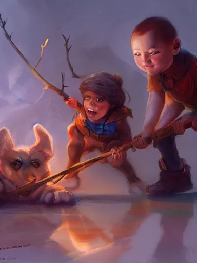 Image similar to kids playing with sticks. fight intricate, elegant, highly detailed, digital painting, artstation, concept art, sharp focus, illustration, by justin gerard and artgerm, 8 k