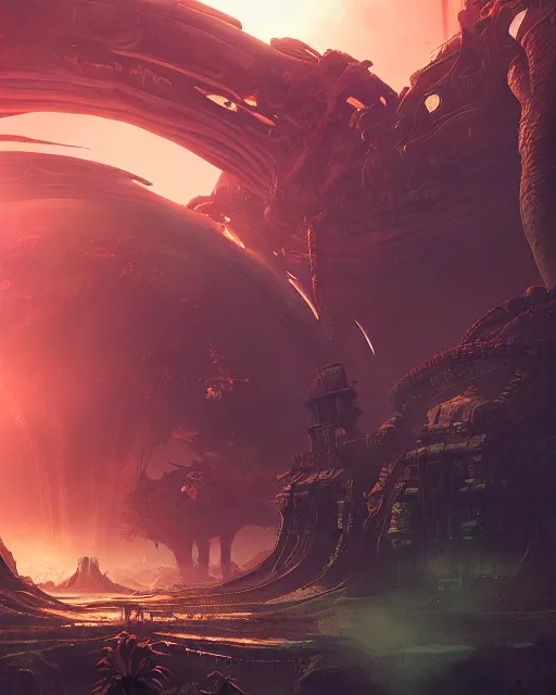 Image similar to alien temple, beautiful landscape, nier automata, protoss!!!!, machine planet, mothership in the sky, pink sun, tropical forest, colorful light, advanced technology, cinematic lighting, highly detailed, masterpiece, art by bastien grivet and darwin cellis and jan urschel