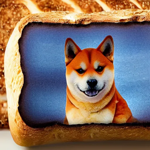 Prompt: A shiba inu as bread - blended into the side of a loaf of bread on a kitchen bench, digital art