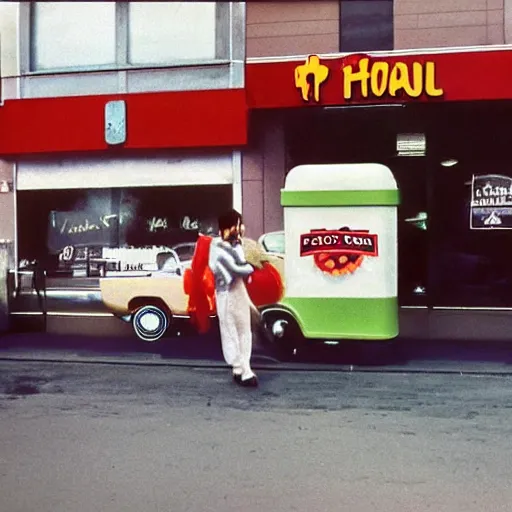 Image similar to The mascot for a once-popular fast food chain, 1970, colour photography