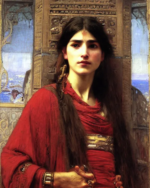 Image similar to time traveller orientalist intricate portrait by john william waterhouse and edwin longsden long and theodore ralli and nasreddine dinet, oil on canvas. cinematic, hyper realism, dramatic lighting, high detail 8 k