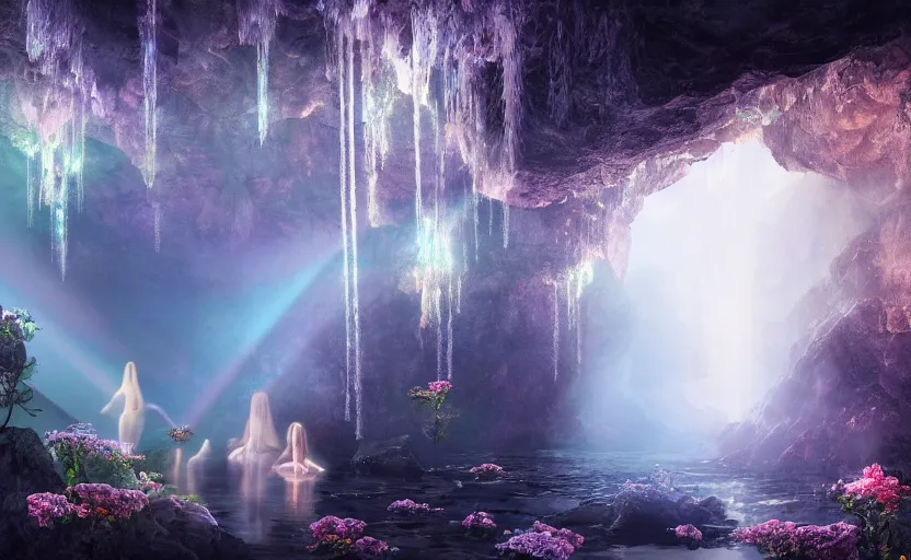 Prompt: a beautiful and stunning professional digital artwork of women worshipping god in cave, haze, spores floating in the air, waterfall, volumetric lighting, hyperrealistic, rtx on, ultra detail