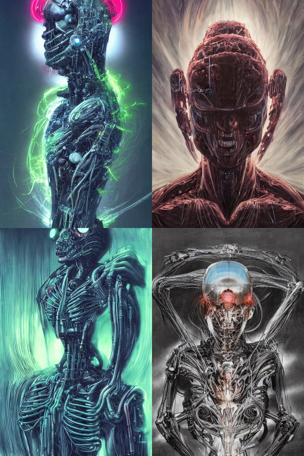 Prompt: humanoid cyborg with outstretched head, cartoon soft fluorescent fluffy eyes, translucent neon skin, mix styles of tsutomu nihei, video game art, battle scene, zdzisław beksinski and giger, in full growth, no blur