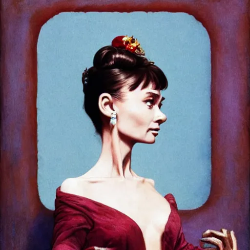 Prompt: audrey hepburn bathed in blue light and standing in a burgundy room looking vacant by arcimboldo, david lynch, greg rutkowski, mucha, dali, francis bacon, screenshot by jodorowsky, trending on artstation