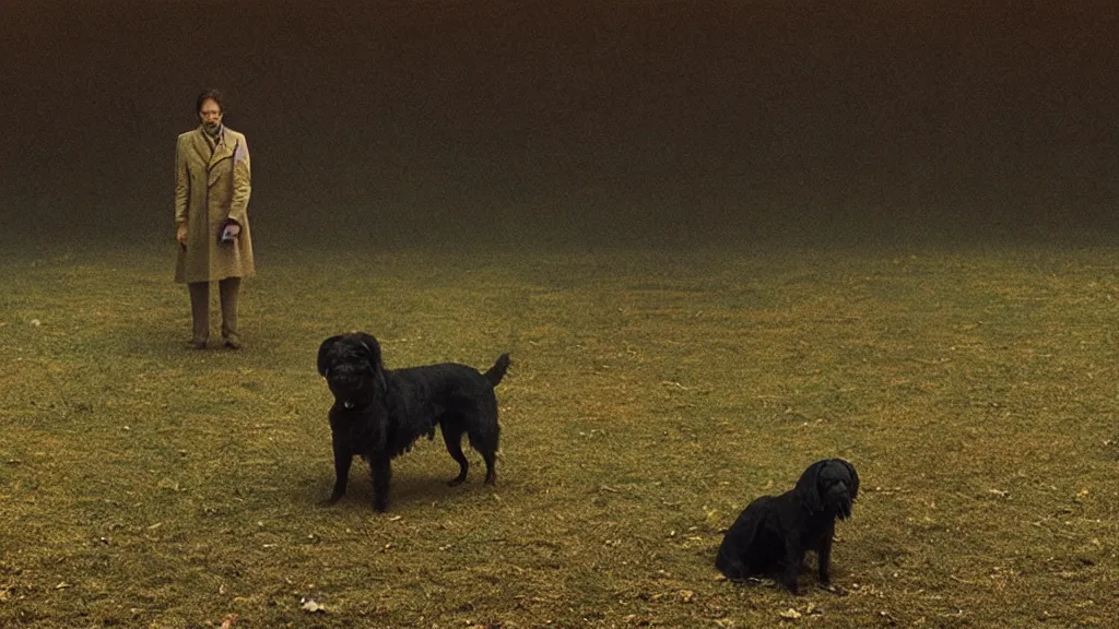 Image similar to the dog who waits outside, film still from the movie directed by denis villeneuve and david cronenberg with art direction by salvador dali and zdzisław beksinski, wide lens