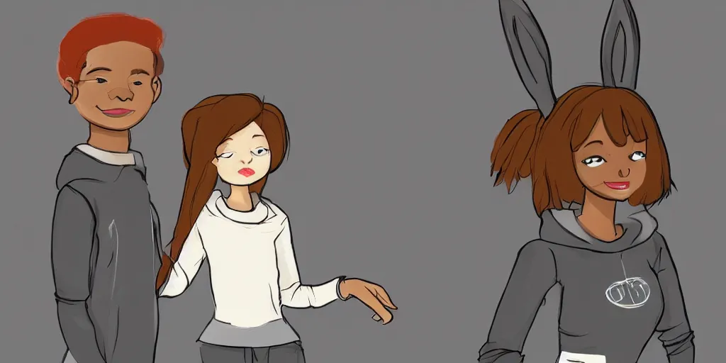 Image similar to women, dark skin, ginger, cartoon, sweatshirt, concept art, concept art, bunny ears,