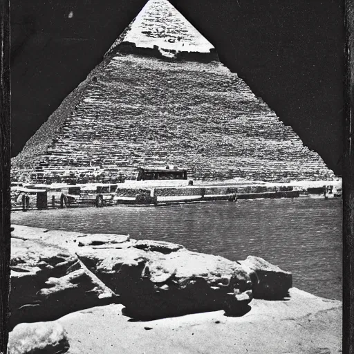 Image similar to tintype photo, underwater, pyramid