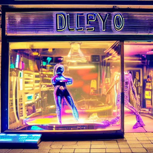Image similar to a dirty alien shop, futuristic, holographic, 8k, sharp focus, W-1024