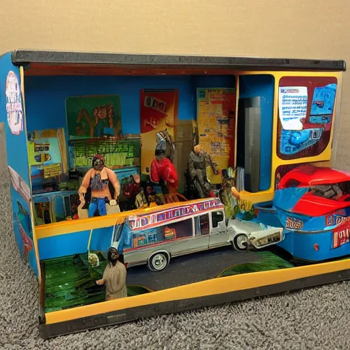 Prompt: 8 0's action figure playset of a trailer park with rednecks, realistic,