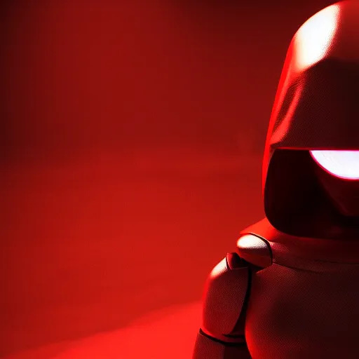 Prompt: a robot, with dark glowing red eyes, wearing a dark hood and cloak, dramatic lighting, cinematic, Unreal Engine render, 8k